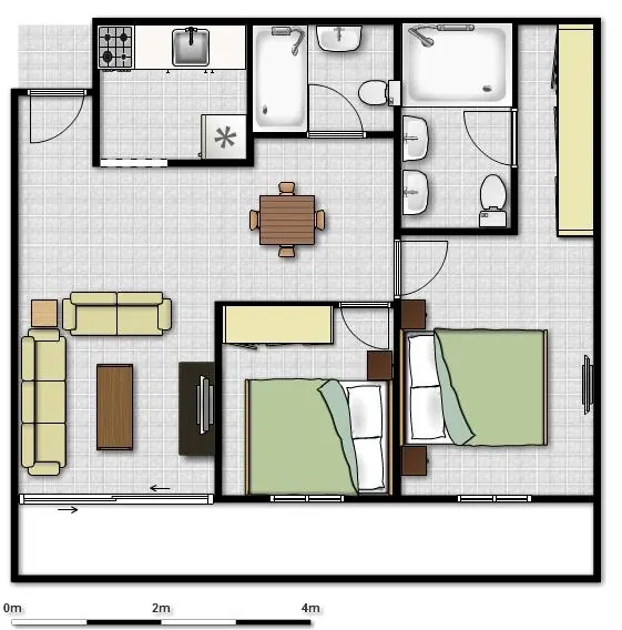 Plano del apartamento con dos dormitorios, dos baños, salón y cocina